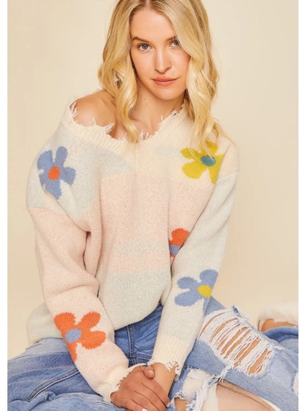Palmer & Purchase Distressed Pastel Floral V-Neck Sweater in Cream
